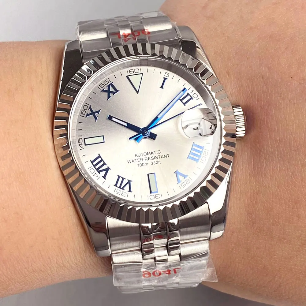 

Business NH35A Men's Watch Roman Numerals Automatic Movement Mechanical Watch Fluted Bezel Jubilee Bracelet Glide Lock 36mm 39mm