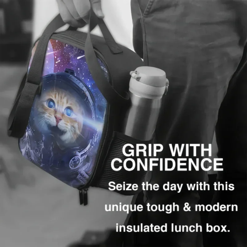 Cat Travel In Fantasy Galaxy Insulated Lunch Box Kitten Spaceman In Outer Space Tote Bag Food Container for Boys Girls School image 6