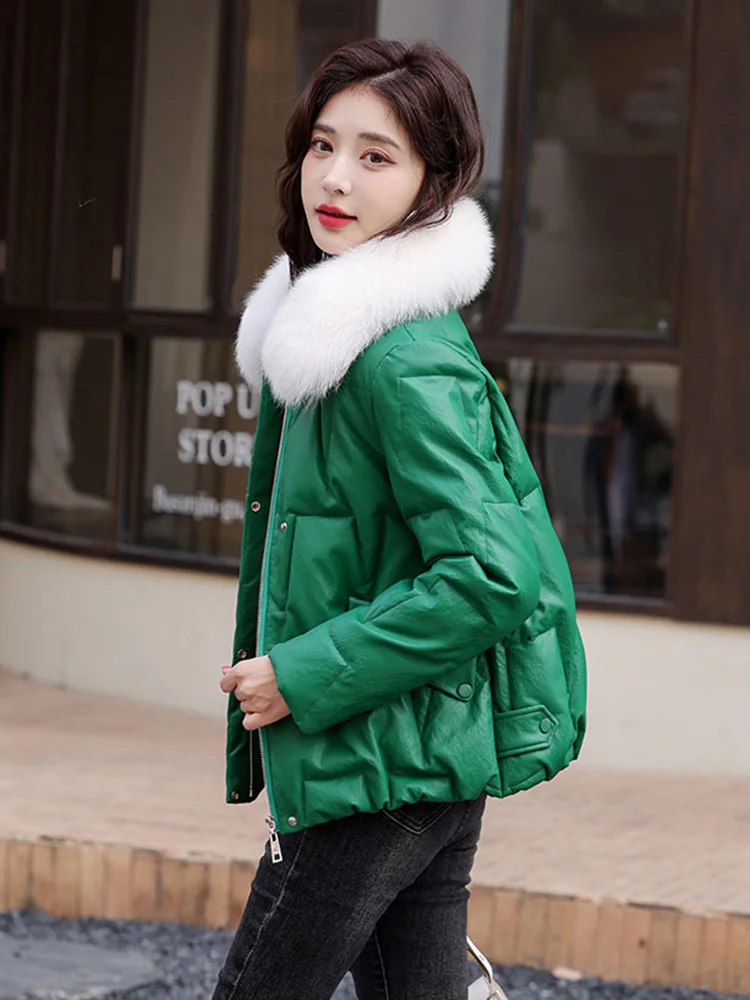 New Women Leather Down Jacket Winter Fashion Warm Real Fox Fur Collar Casual Loose Sheepskin White Duck Down Coat Split Leather