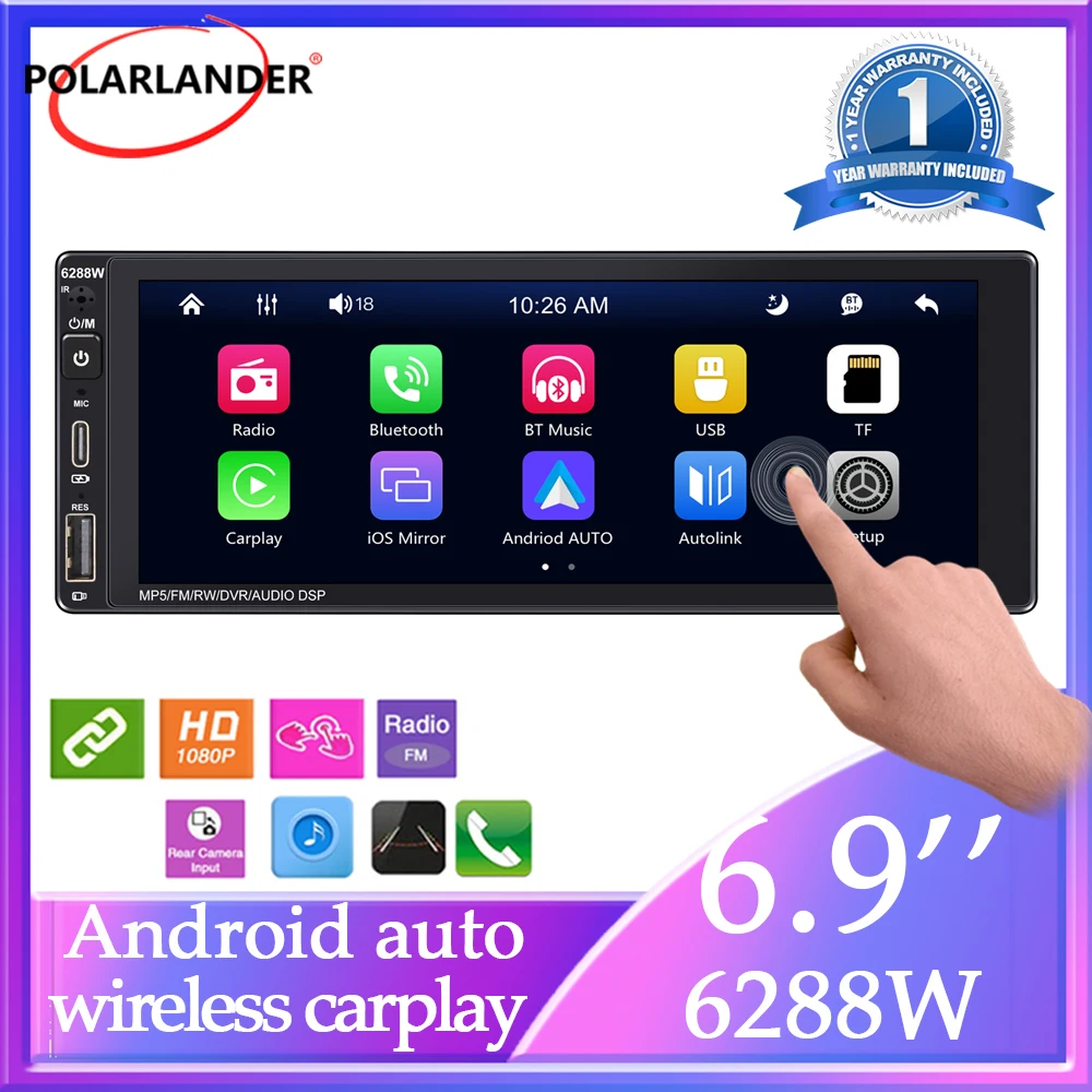 

Car Stereo Android Auto Wireless Carplay Bluetooth Multimedia MP5 Player FM/AM/RDS 1Din 6.9" AI Voice Type-C Charging Mirrorlink