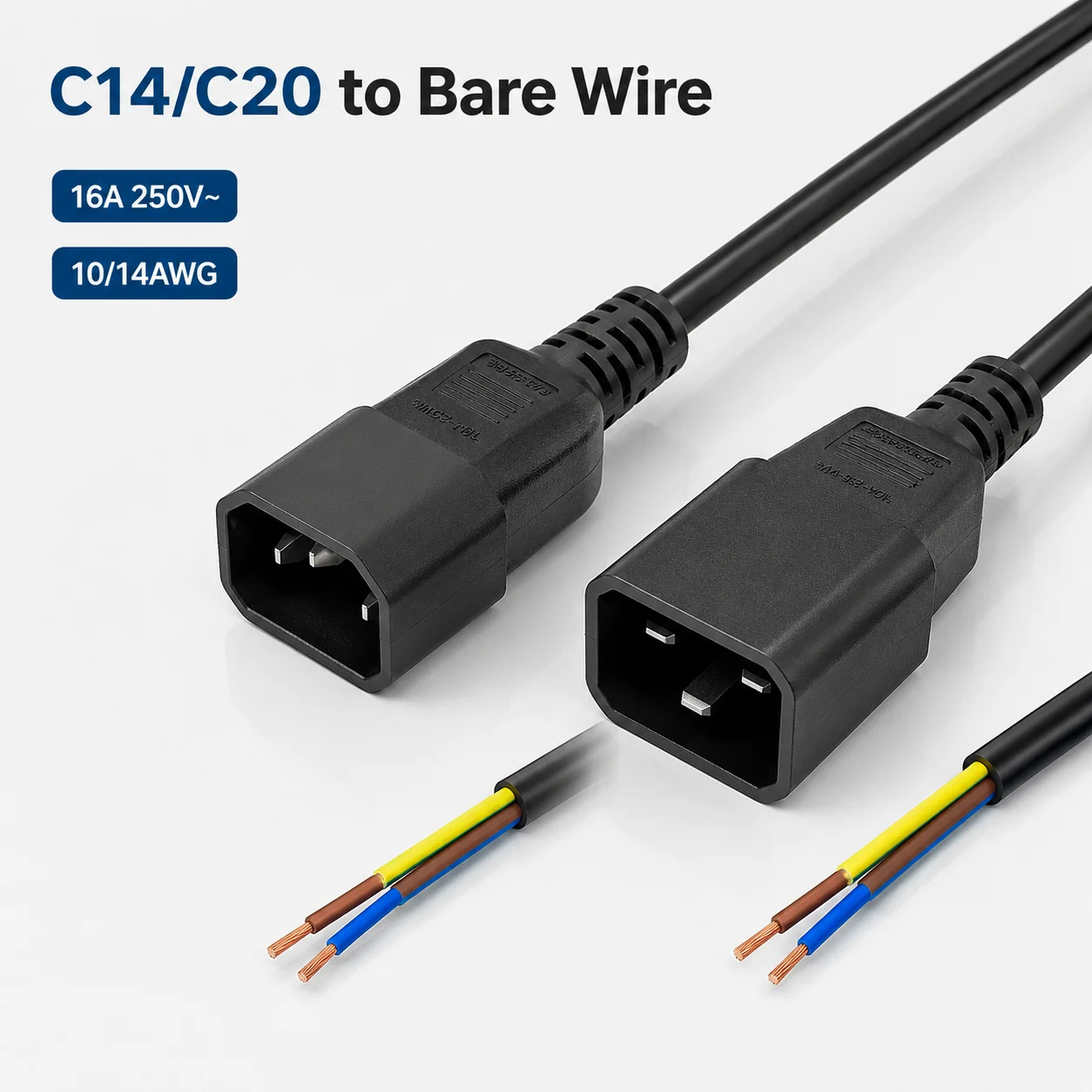 TOWE IEC C14 Pigtail Power Cord 14AWG Heavy Duty 10A Cable with Open Wire End for PDU UPS Server Rack Industrial Equipment