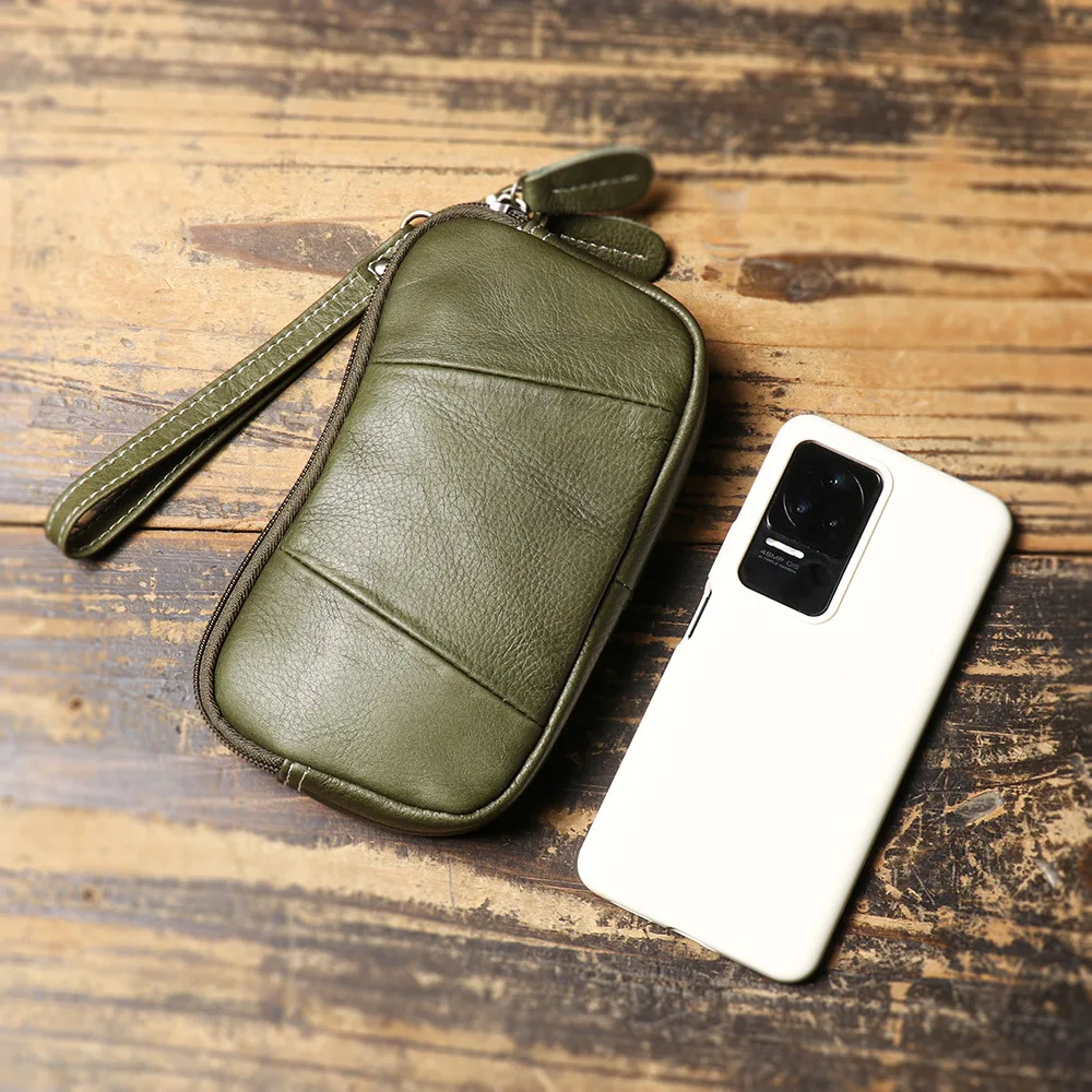 LJ-1897 Echt lederen draagbare telefoontas voor dames, multifunctionele portemonnee met dubbele ritssluiting van koeienhuid