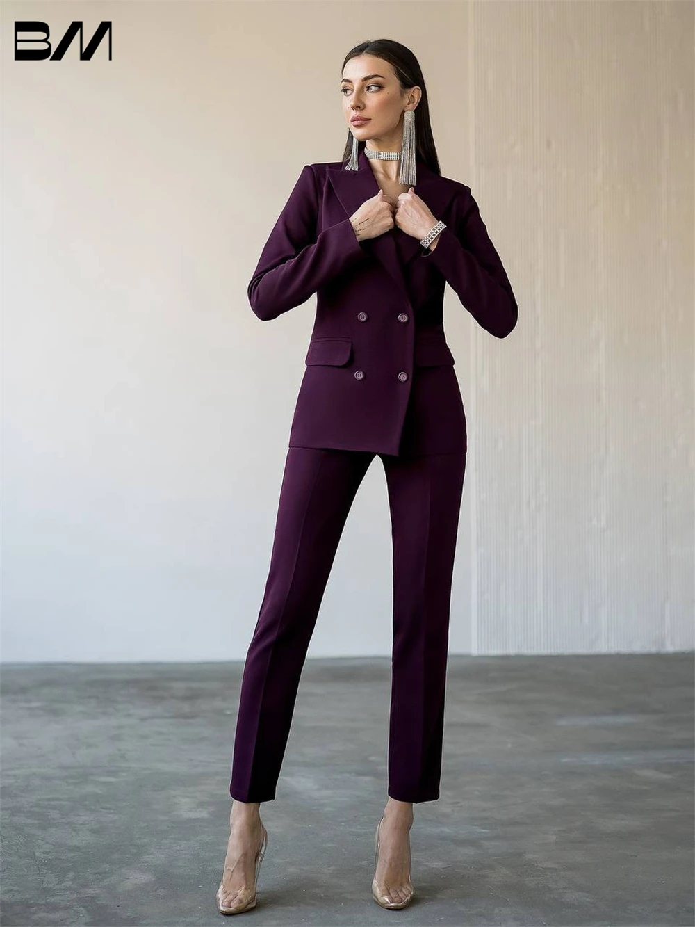 Conjunto de terno smoking breasted feminino, calça blazer, slim fit, vinho tinto, calça de baile, outono, inverno, novo, 2023