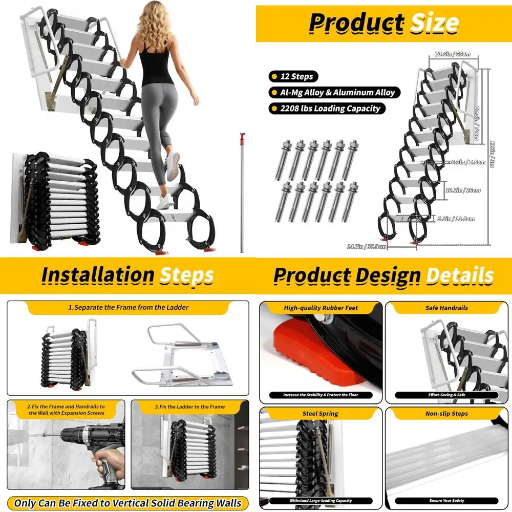 

"12-step wall-mounted aluminum-magnesium attic ladder with 2208lbs load capacity and folding design"
