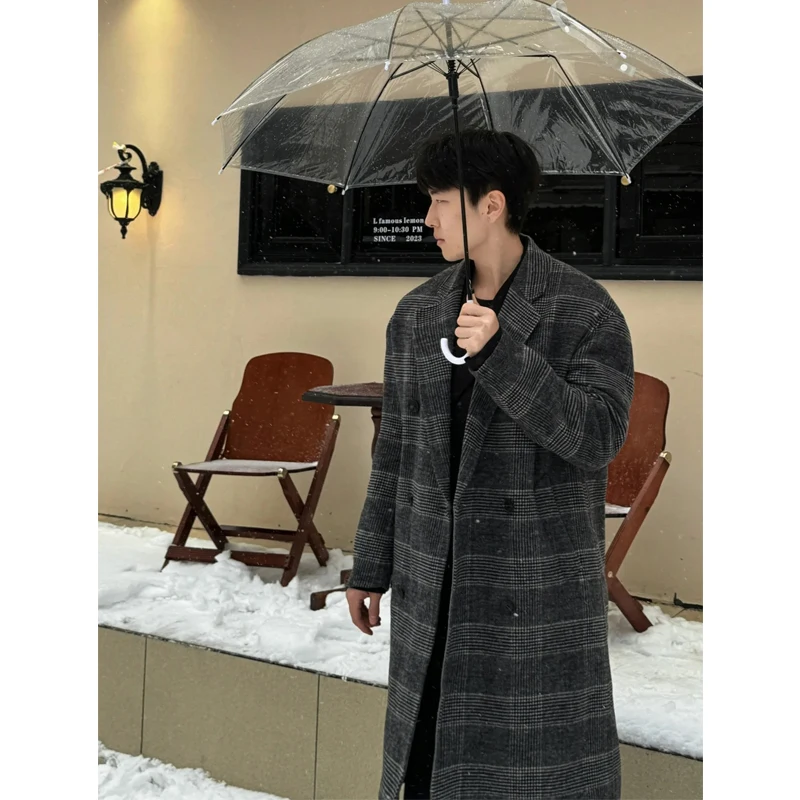 

Trendy Korean ey Plaid Men's Woolen Coat Autumn Winter Oversize Medium Length Windbreaker Youth Sle Double Breasted