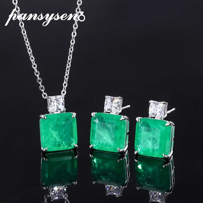 

PANSYSEN 925 Sterling Silver 12mm Emerald Paraiba Tourmaline Gemstone Earrings Neckalce Jewelry Set Women Anniversary Party Gift