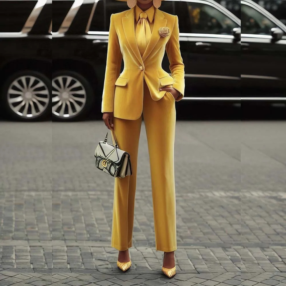 Luxury Yellow Velvet Women\'s Suits Blazer Slim Fit One Button Notch Lapel Office Lady 2 Piece Jacket Pants Blazer Clothing 2025