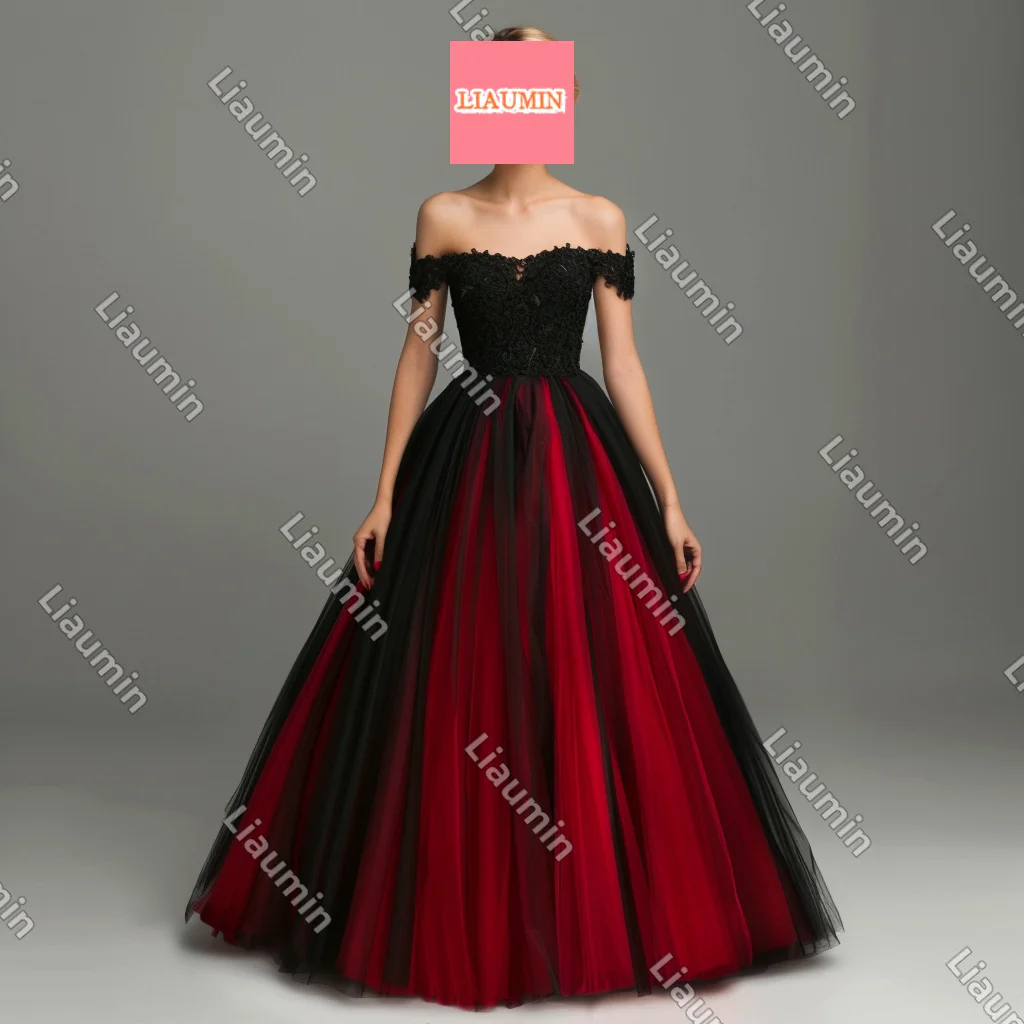 Customized Made Red Tulle Black Lace Applique Spaghetti Strap Lace Up Back Evening Prom Dresses Full Length Formal Skirt W17-2.3