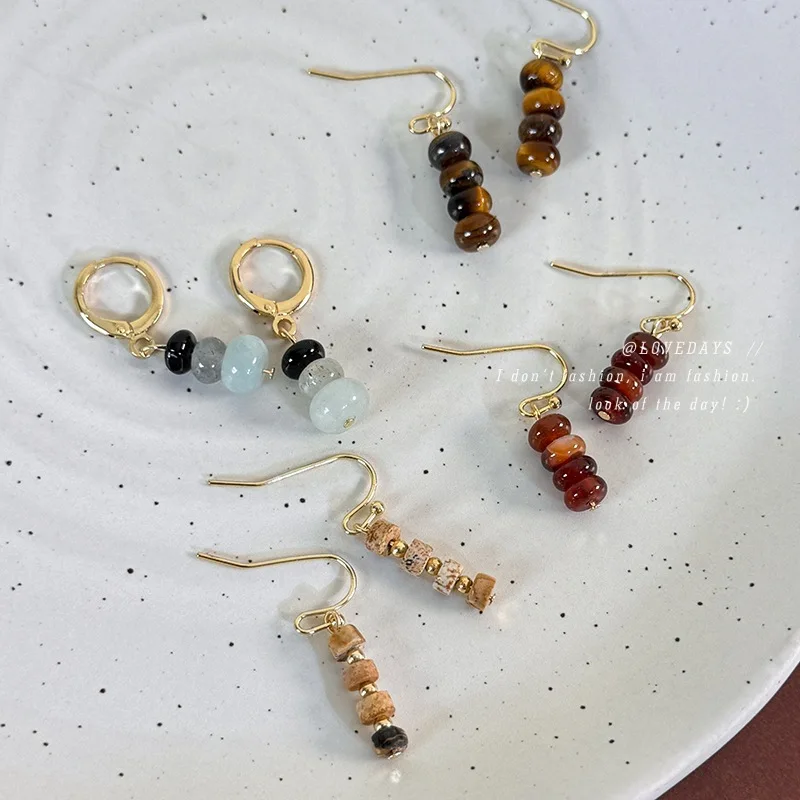 Stud Earrings Tiger Eye Beaded Modern Chinese Style Minimalist Elegant   Golden Brown Versatile Daily Commute Jewelry Her