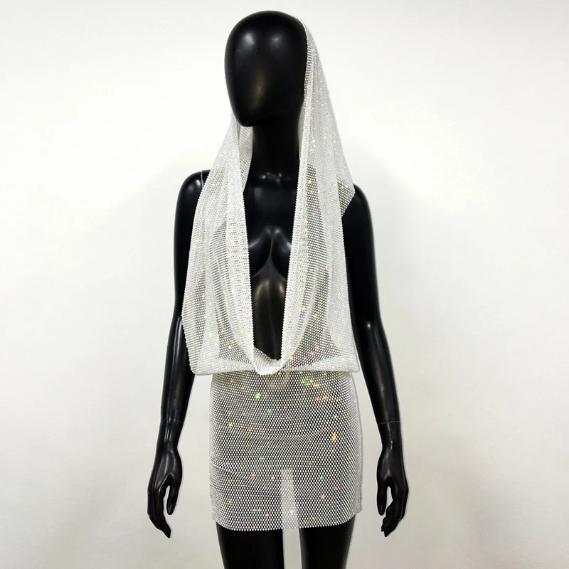 Damen Strass-Netzkleid mit Kapuze, sexy Kristall-Fischnetz-Zweiteiler-Set, Rock-Set für Nachtclub, Party, Festival, Rave-Outfits, Kleid für Damen – Detail 9
