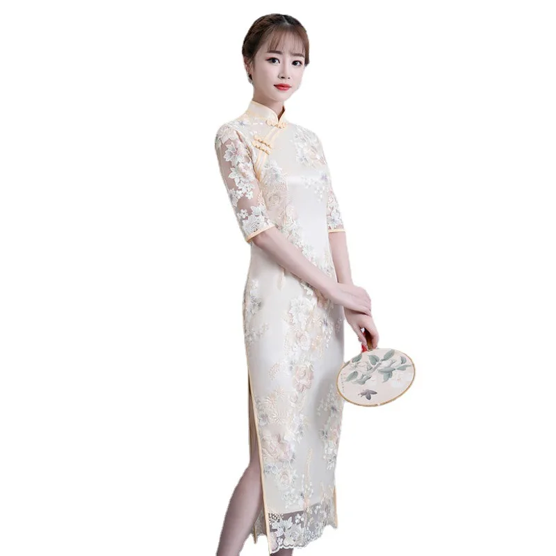 Cheongsam Chinese Classic Women's Lace Qipao Elegant Half Sleeve Vintage Dress Splice Lace Daily Embroidery Dress