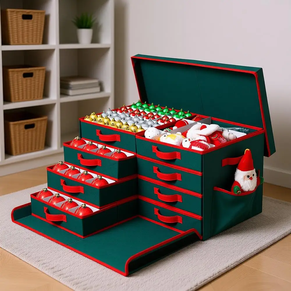 

Коробка для хранения рождественских украшений, штабелируемый органайзер с крышкой и карманами, боковое открывание, 8 секций, контейнер для 128-3 праздничных украшений