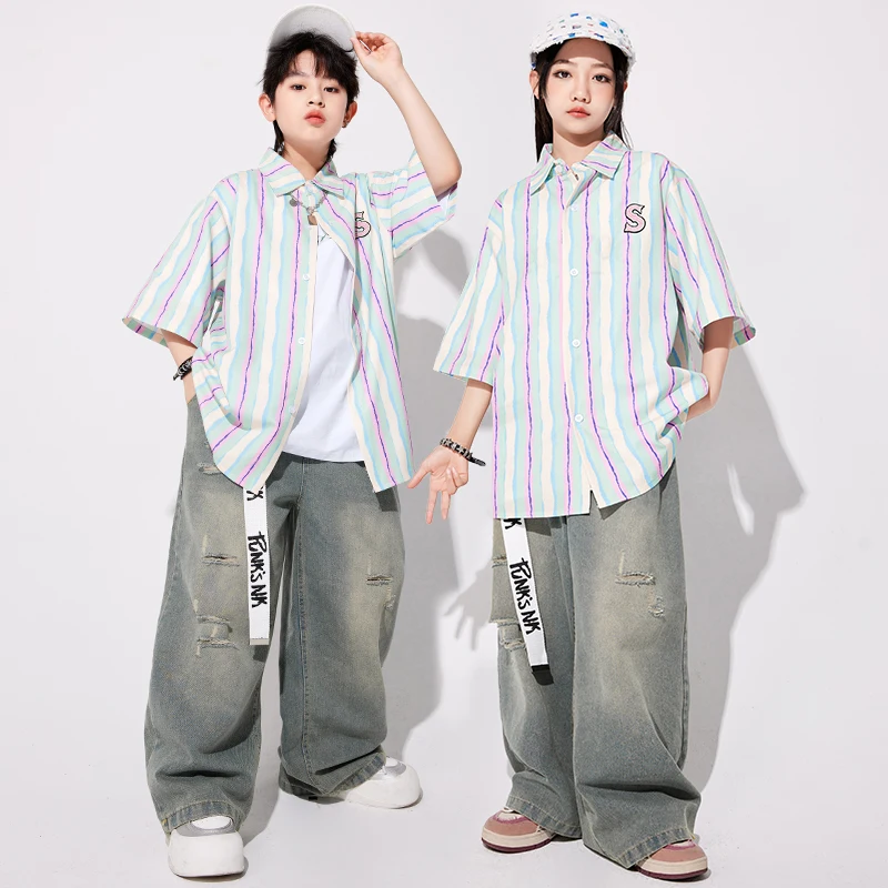 Boys Hip Hop Outfits Stripe Shirt Cargo Pants Girls Street Dance K-pop Pants Children Streetwear Clothes Sets Kids Jazz Costumes