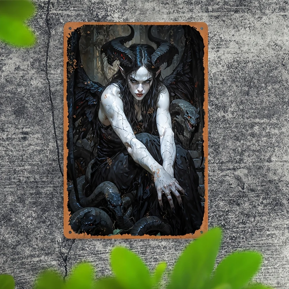 Panneau en aluminium Vintage Nocturne Serpent & Lilith - Art mural gothique fantastique avec figurine ailée à peau bleue et serpents noirs, eau