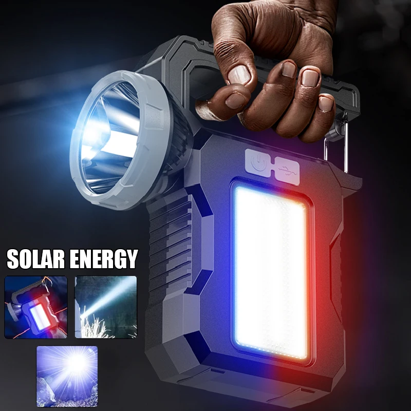 Solar Handlamp LED Red and Blue Warning Flashlight Long Shot Strong Light Charging Outdoor Large Capacity Camping Lights