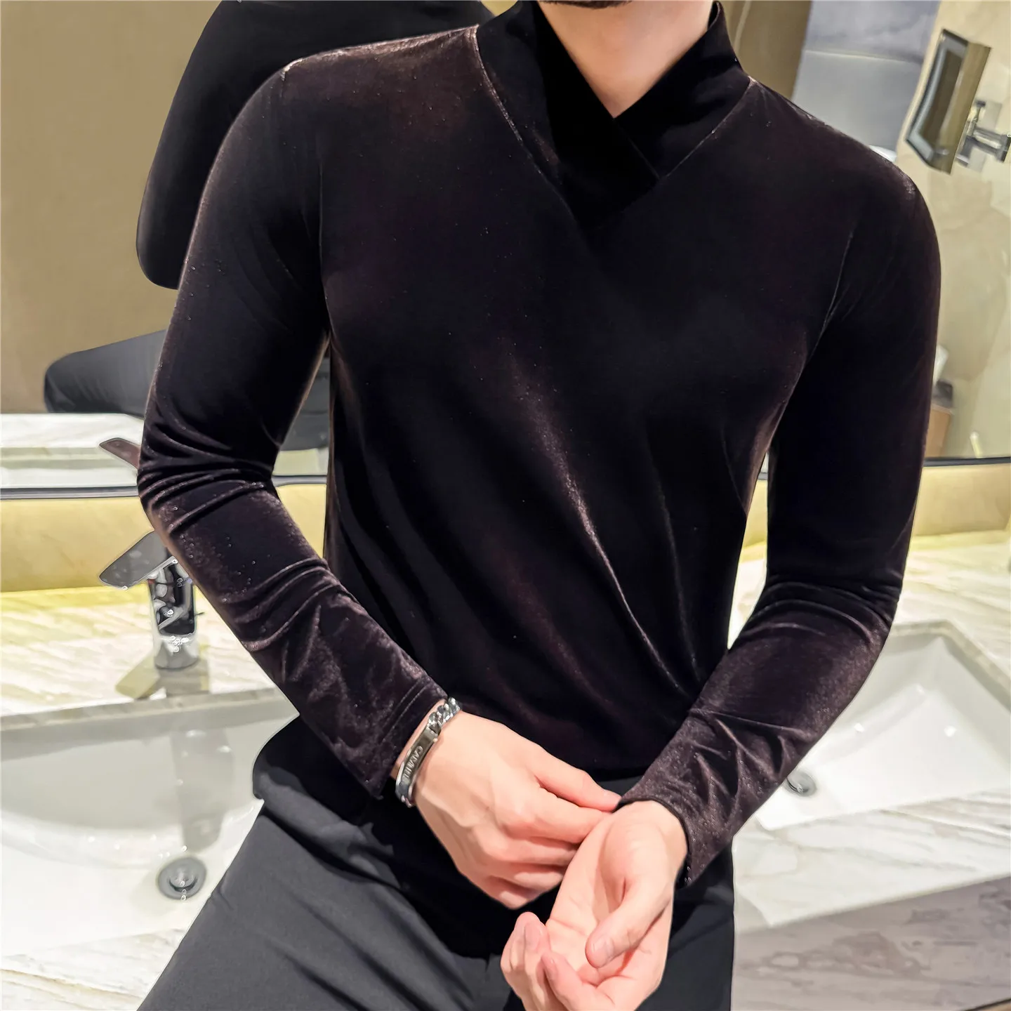 قميص رجالي للخريف والشتاء برقبة على شكل حرف V، قميص مخملي، طبقة أساسية سميكة ودافئة، ملابس كاجوال أنيقة #5