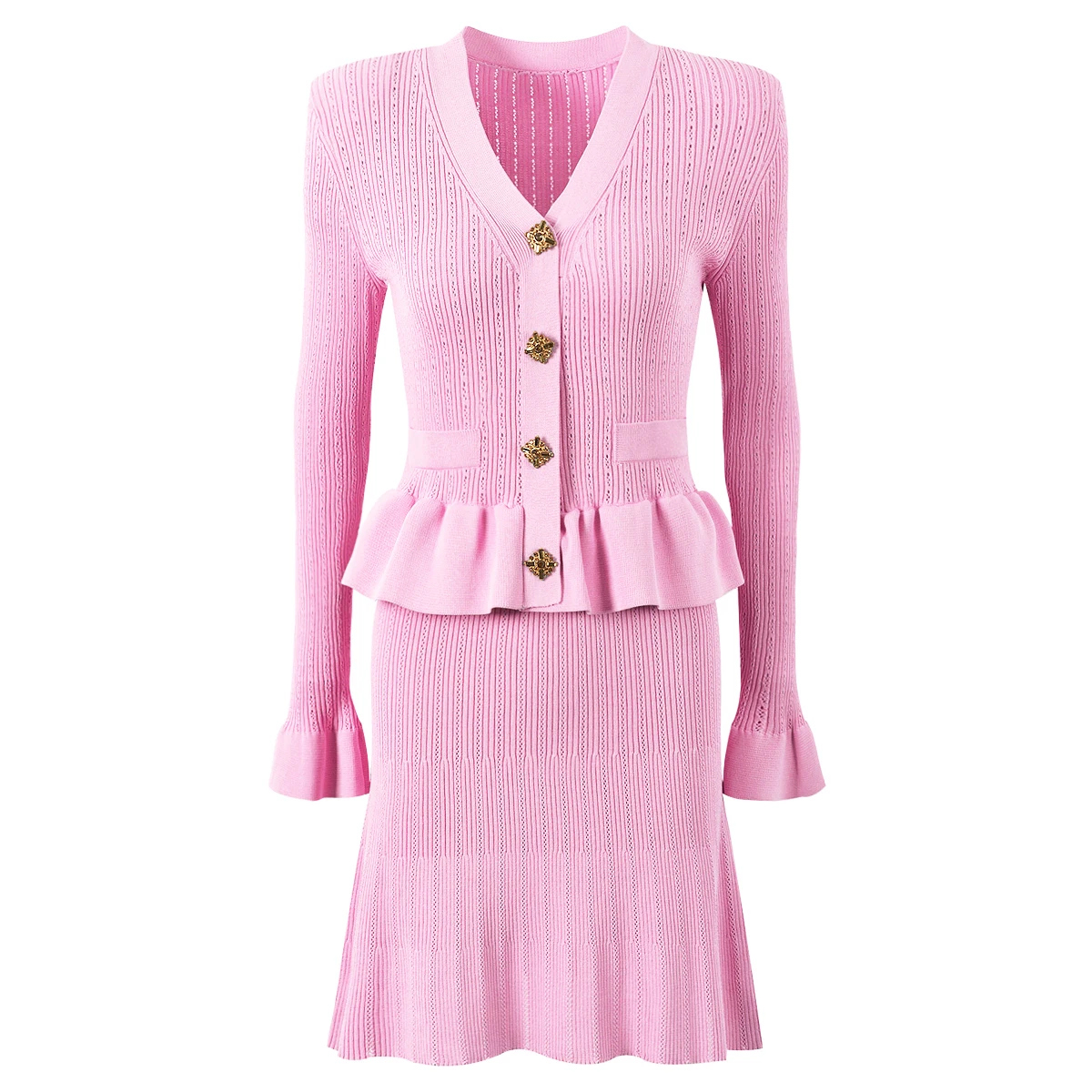 

Solid Color Knitted Hollow V-Neck Long Sleeve Fish Tail Dress with Diamond Button Lotus Leaf Hem Slim Fit Women's