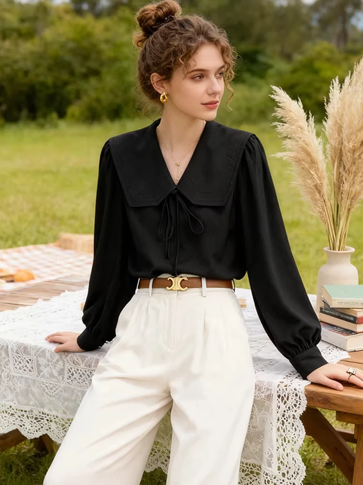 

Bla Loose Women's irt Spring Autumn Puff Collar Belted Casual Long Sve Pure Color Girl's Faion Outerwear Top