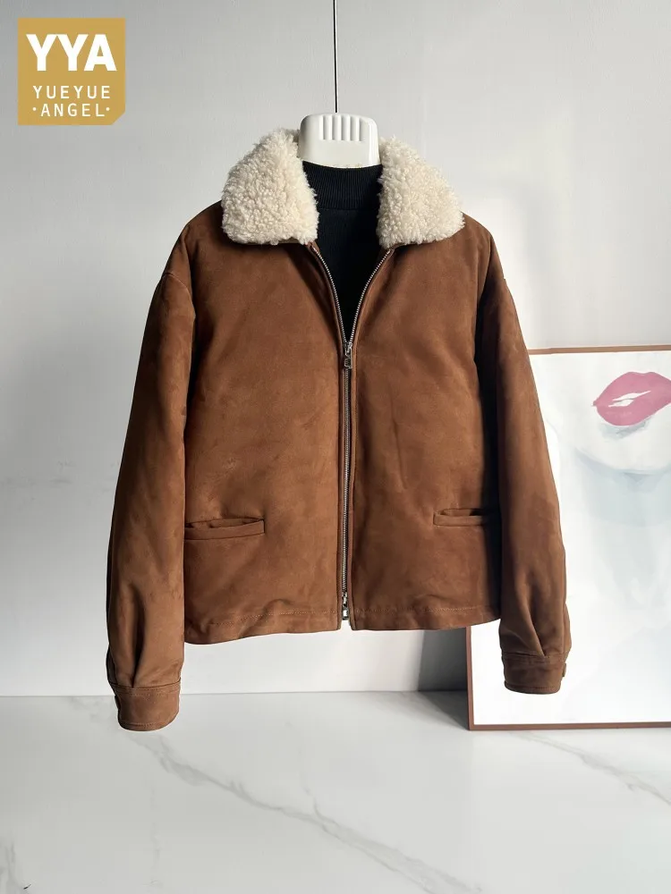 Damska kurtka zimowa z luksusowej skóry owczej i zamszu, ocieplana puchem gęsim, z wełnianym kołnierzem, zapinana na zamek, wiatroodporna.