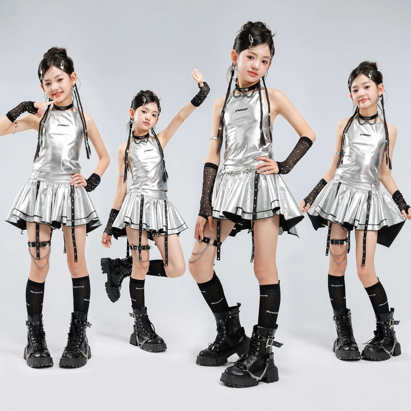 Girls K-pop Silver Crop Top Street Dance Ribbon Jazz Skirts Kids Hip Hop Clothes Set Children Streetwear Girl Group Costume