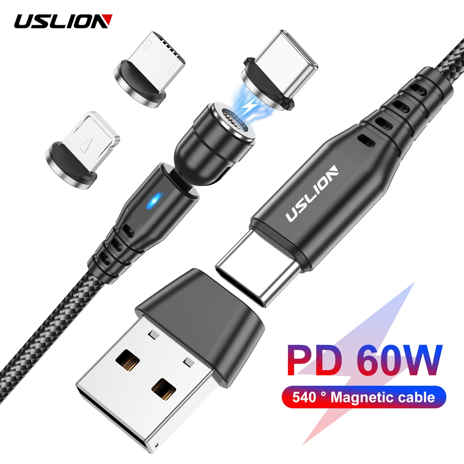 USLION PD 60W Fast Charging Magnetic Cable 2 in 1 USB C to Type C Micro Data Cord for iPhone 14 13 Pro Max Xiaomi 12 Poco F4 X4