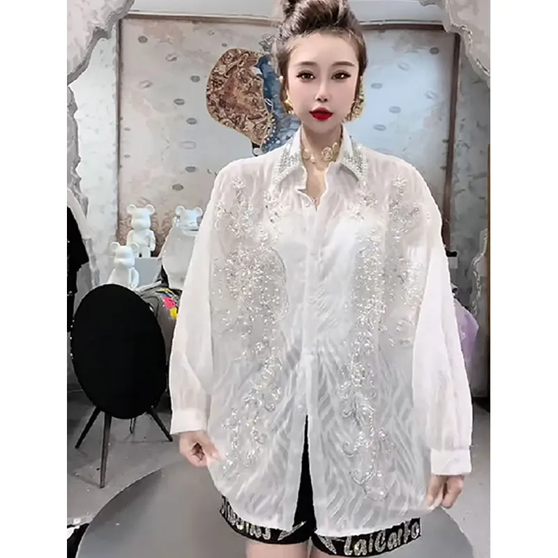 Shirt Women's 2024 New Summer Heavy Beaded Sequined Loose Top