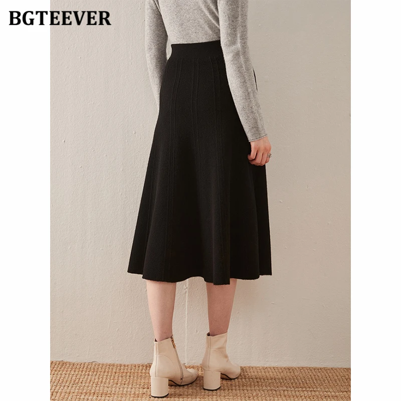 BGTEEVER Fashion Elastic High Waist Women A-line Sweater Skirts Autumn Winter Thicken Warm Loose Female Solid Knitted Skirts