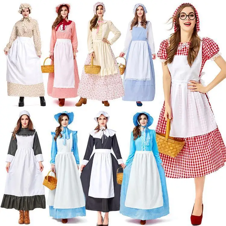 

Adult Halloween Cosplay Servant Girl Costume Traditional Countryside Estate Party Performance Polyester Ethnic Stage Outfit