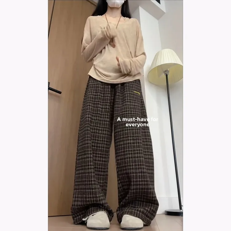 レトロなハイウエスト刺繍入りチアリーダーパンツ 秋冬新作ファションカラーブロ 多用途韓国風ワイドレッグパンツ...