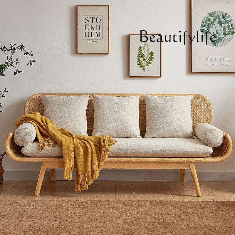 

Japanese rattan solid wood sofa double simple homestay creative apartment sofa