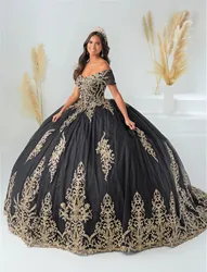 Black Quinceanera Dresses Ball Gown Off The Shoulder Tulle Appliques Mexican Sweet 16 Dresses 15 Anos Customized