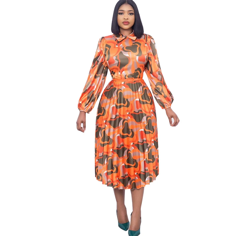 

African Pleated Dress Women Turn Down Collar Full Sleeve Robes 2023 Fashion New Print Office Lady Long African Dresses Vestidos