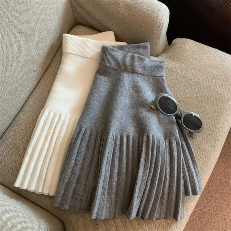 Solid Korean Sweet Knitted Pleated Mini Skirt Elastic High Waist A‑Line Short Skirt Casual Fashion Bottoms for Young Women