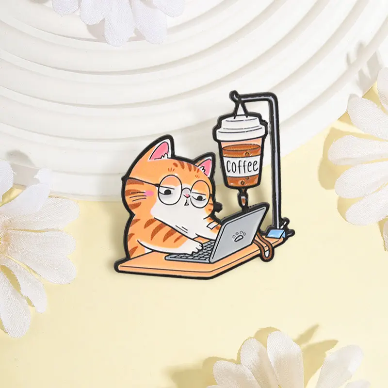 Cartoon Coffee IV Cat Enamel Pins Humor Office Cat & Coffee Drip Bag Design Brooches Lapel Badge Jewelry Gift for Office Workers