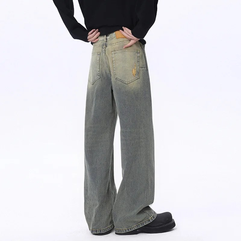 【Mirrordust】 Jeans da uomo con toppe strappate lavate in stile americano, design primaverile e autunnale, pantaloni larghi larghi vintage High Street
