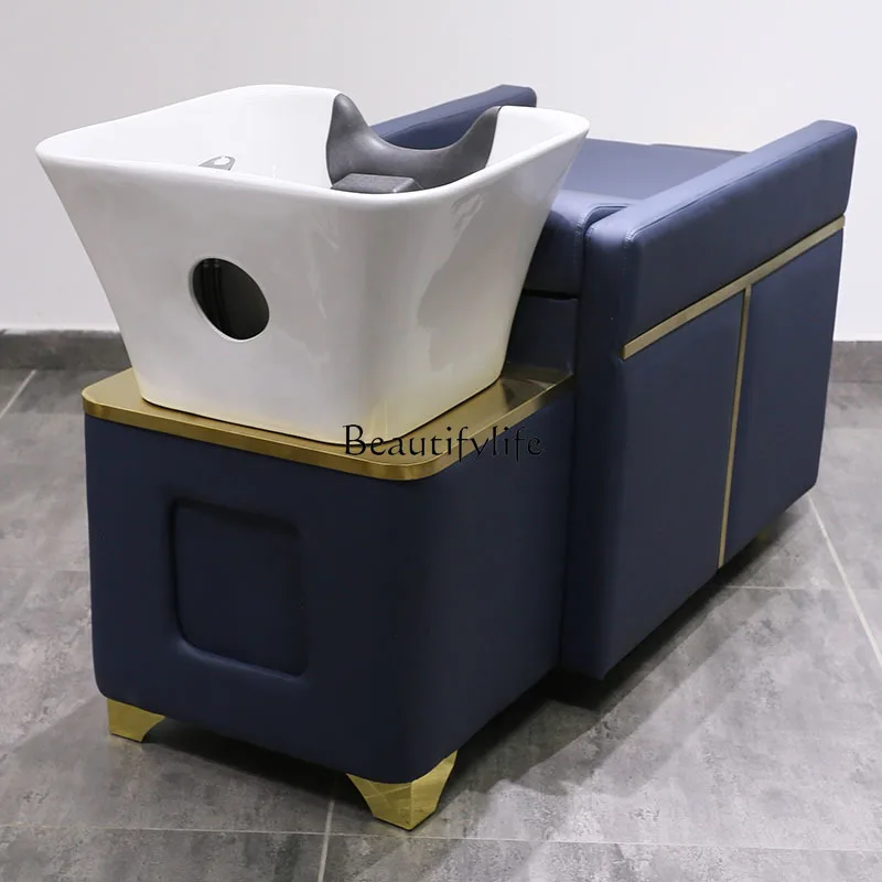 yj32 Lettino per shampoo in acciaio inossidabile per parrucchiere speciale con lavabo in ceramica semi-risclinante