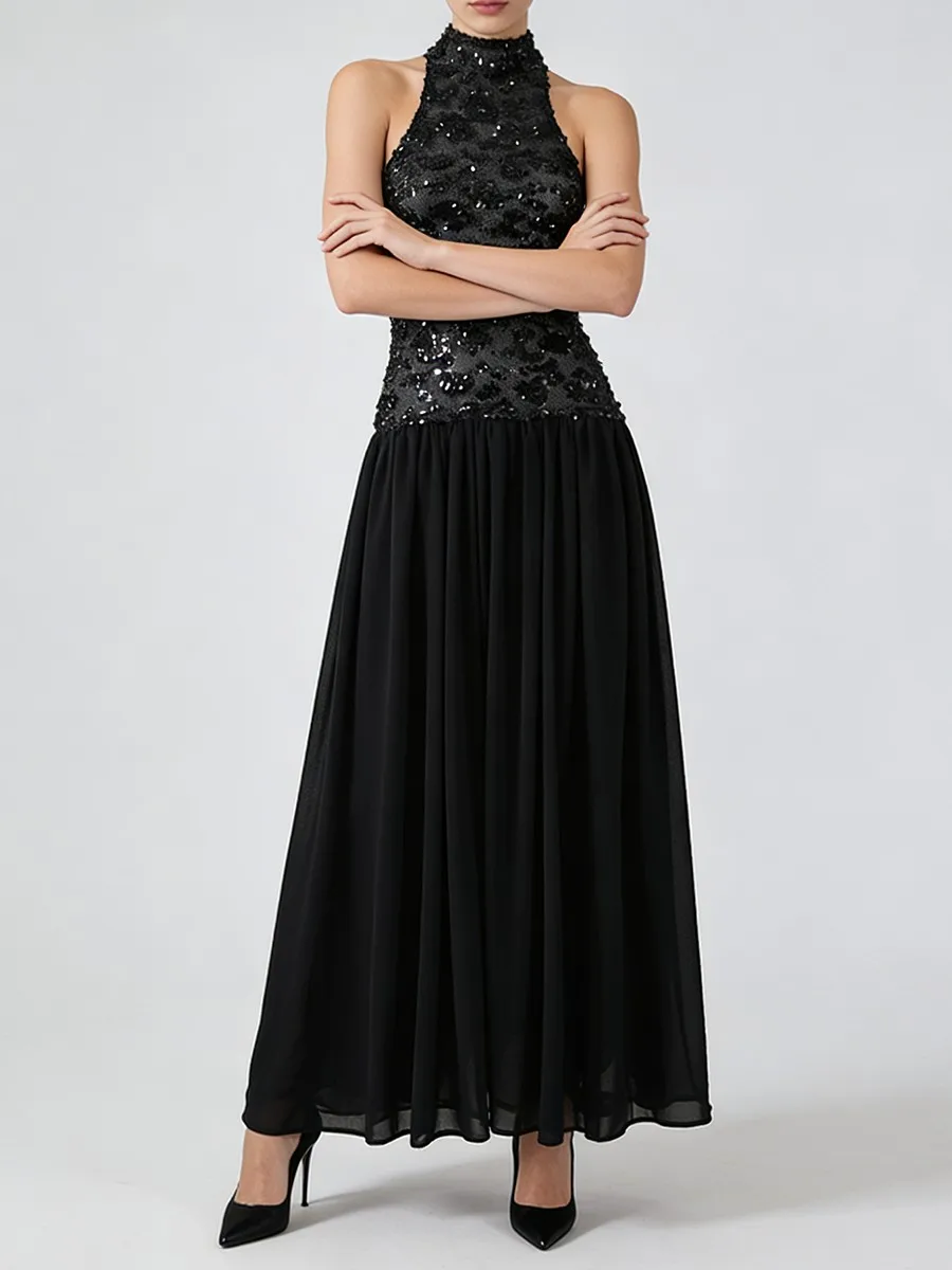 TWOTWINSTYLE Solido Sheer Impiombato Paillettes Abiti Eleganti per Le Donne Halter Senza Maniche Tunica Patchwork Pieghe Vestito di Moda Femminile