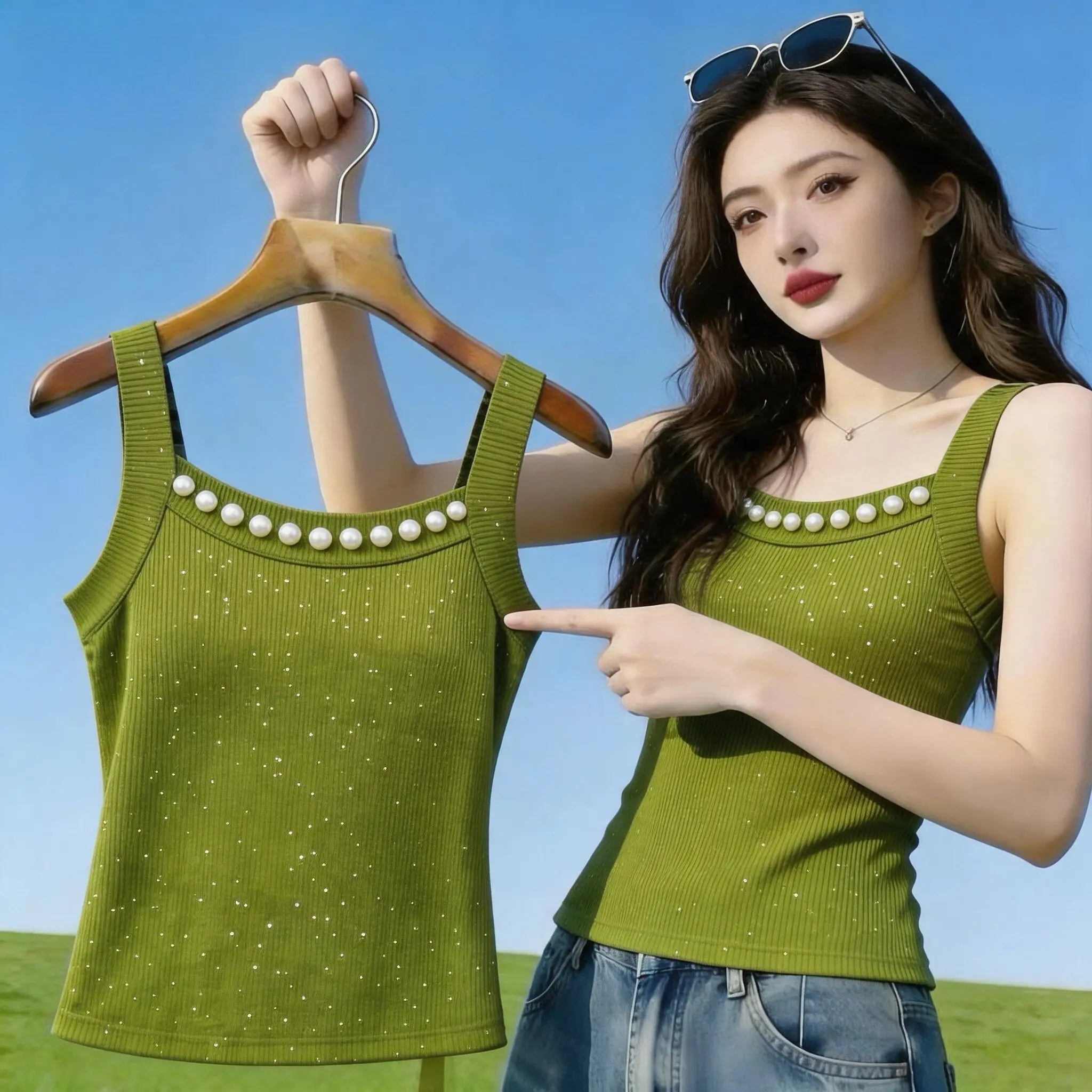 Y2K 2026 Glitzer-Cami für Damen in Grün mit geripptem Perlenkragen, schmal geschnitten, ärmellos, sommerliches, lässiges Basic-Tanktop für Pendlerinnen