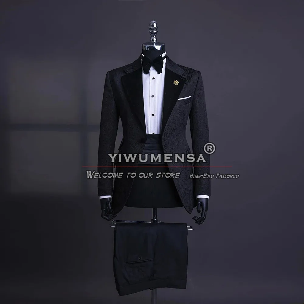 Black Jacquard Suits Men 3 Pieces Formal Groom Wear Velvet Lapel Blazer Plus Size Male Fashion Boyfriend Prom Dress Elegant 2023