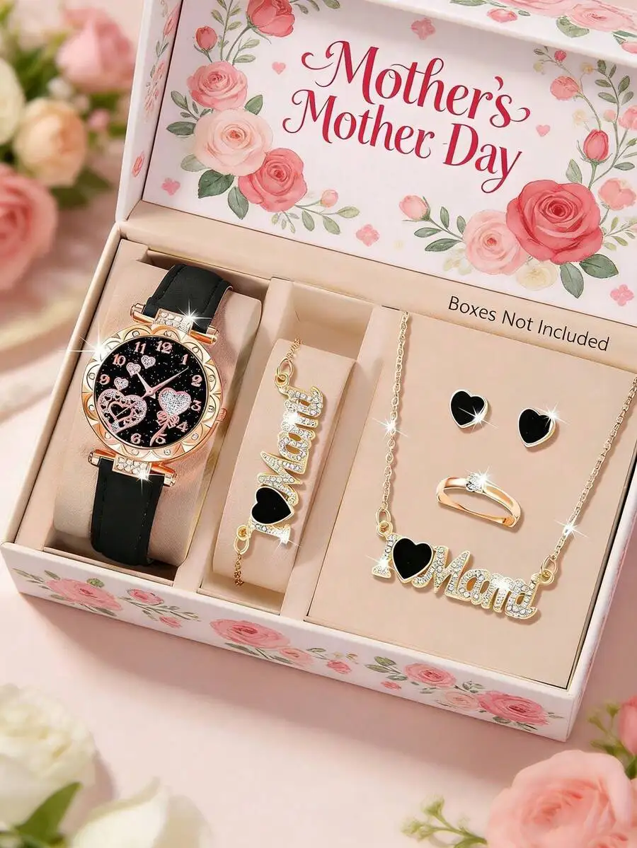 

Mothers Day Womens Watch Set With I Love Mom Jewelry Necklace Bracelet Earrings Ring Casual Quartz Watch Gift