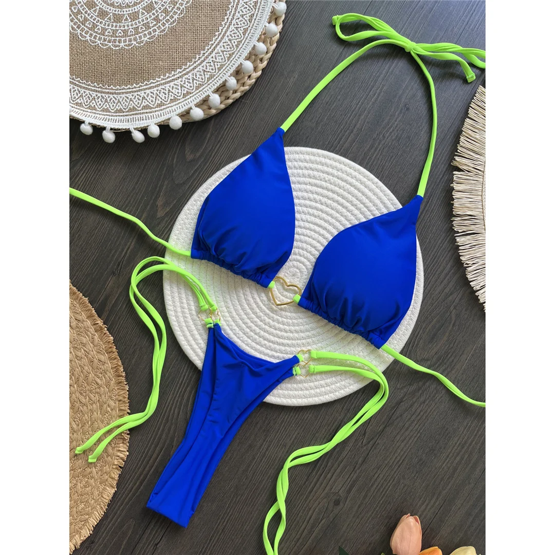 Splicing Neckholder Mini-Tanga High-Cut Bikini Damen Bademode Zweiteiliger Bikini Badeanzug Badebekleidung V6071 – Detail 19