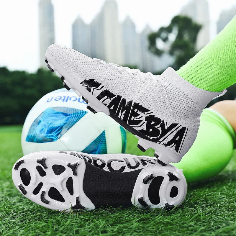 

Men Soccer Shoes Top Quality Footboot Boots Ultra-light Comfortable Ankle Training Sports Cleats Grass Turf Futsal Long Spikes