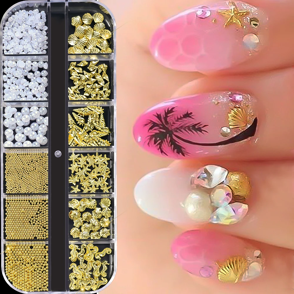 12Grids 3D Ocean Starfish Shell Conch Metal Rivets Nail Charm Mixed White Pearl Mini Caviar Beads DIY Rhinestone Nail Decoration