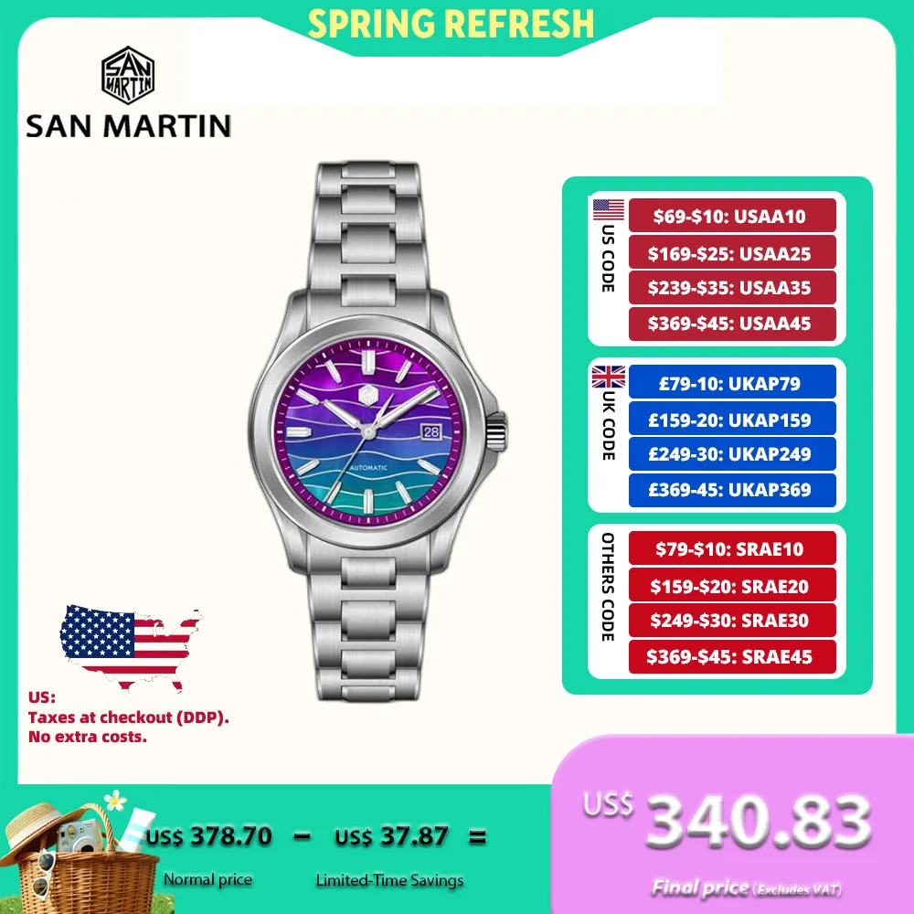 

San Martin 39mm Miyota 9015 Splicing MOP Dial Men Automatic Watch 3H Date BGW-X1 Luminous Sapphire 10Bar Waterproof SN0150