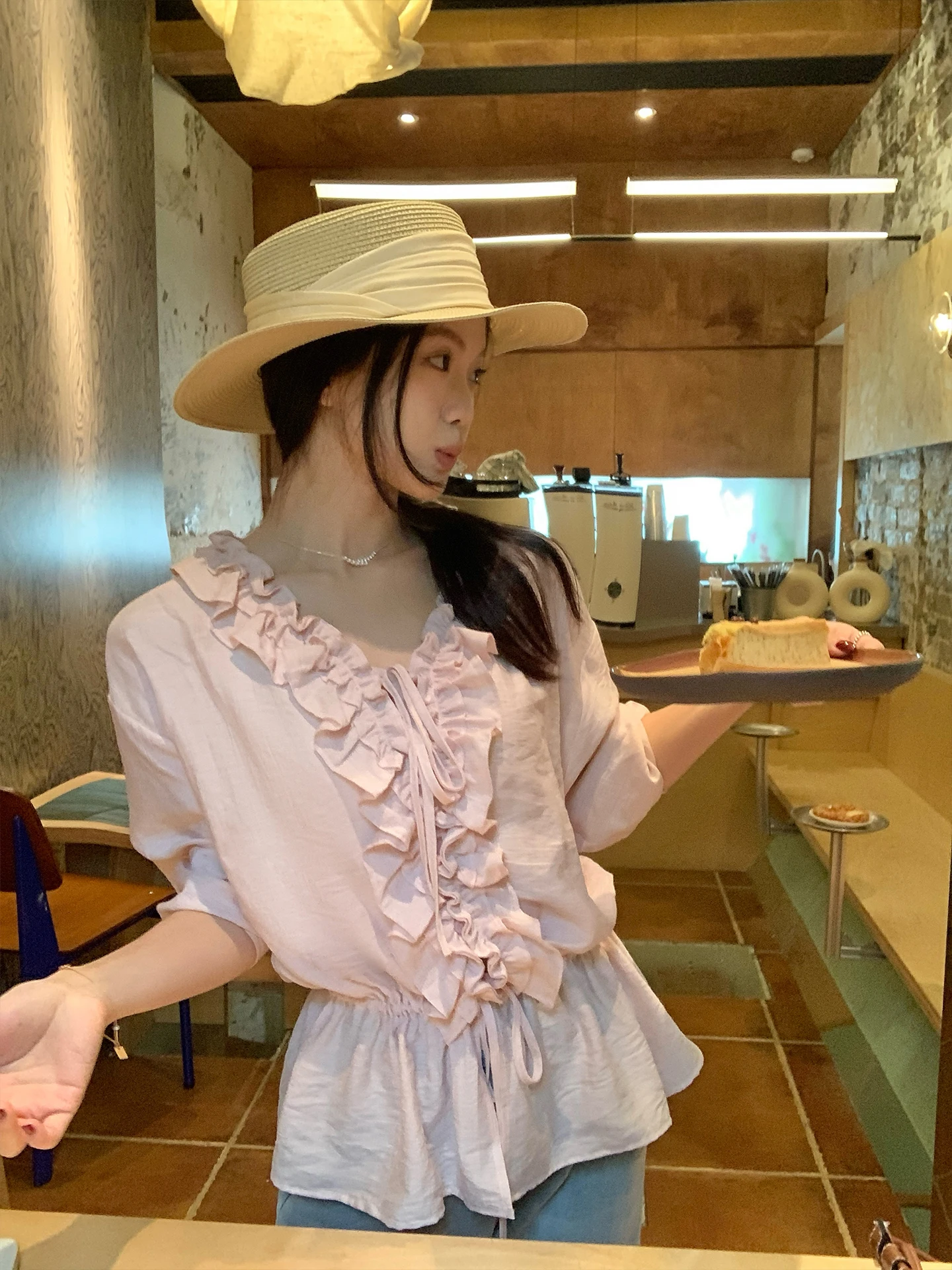 

Розовая рубашка с рюшами и V-образным вырезом, с длинными рукавами, женская, приталенная, универсальная, в корейском стиле, для молодых женщин