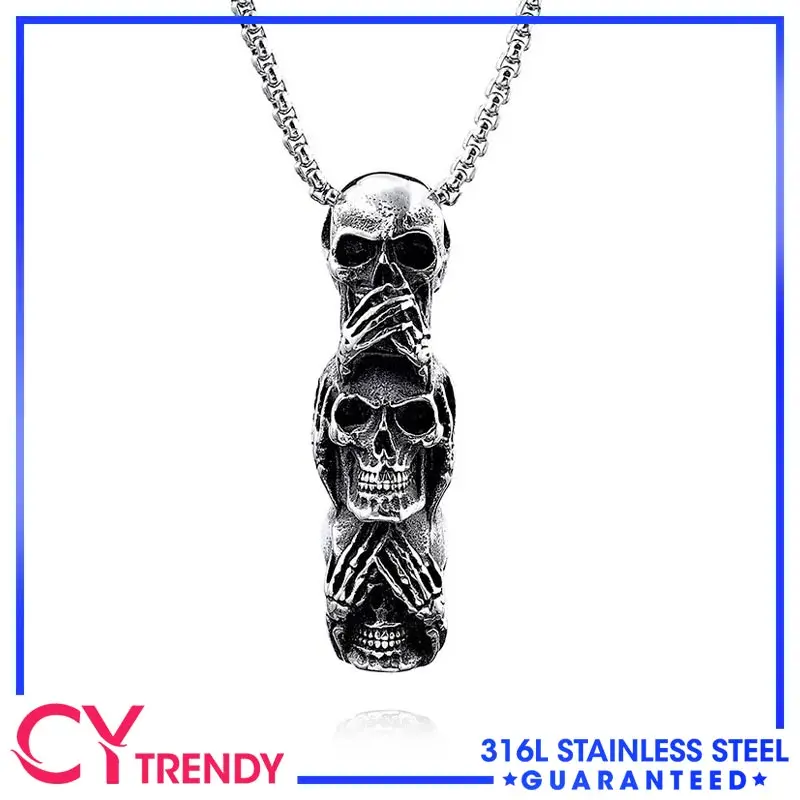 

Vintage Men's Biker Stainless Steel Punk Skull Totem Pendant Necklace Chains