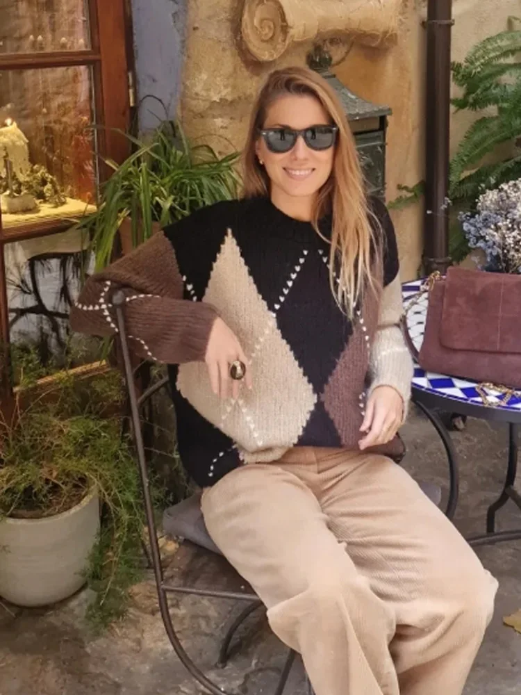 

HH Women Autumn Casual Loose Knitted Tops Round Collar Sweater Tops Argyle Long Sleeves Pullover Women Resilience Pullover