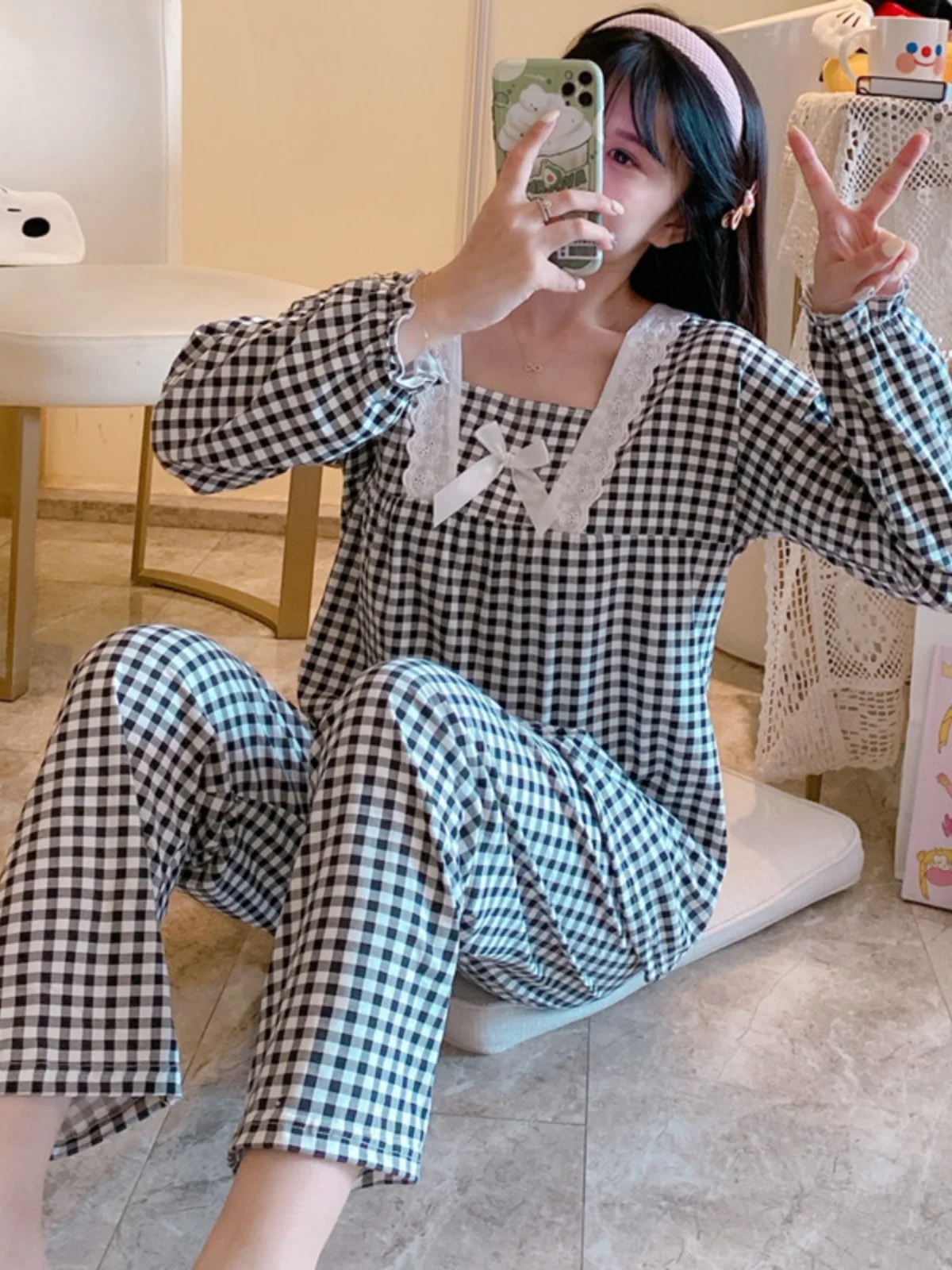 Korean Style Women's Sleepwear Sweet Princess Long Sleeve Loose Home Clothes Set Autumn Winter Plaid Print Comfortable Home Suit