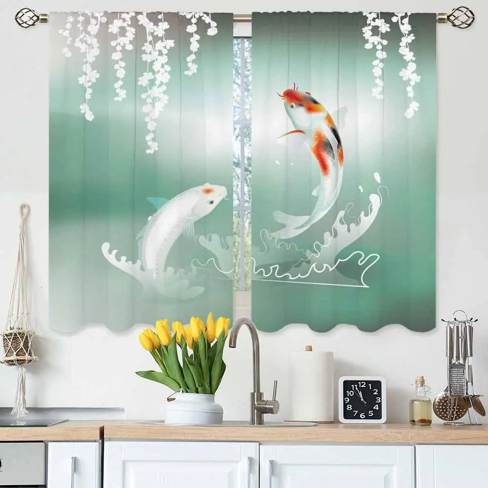 

Кухонные шторы с рыбой кои, белые плакующие цветы, виноградная лоза, прыгающие карп, вишневые цветы, поплавки, листья, короткие многоуровневые шторы для ванной комнаты Ca