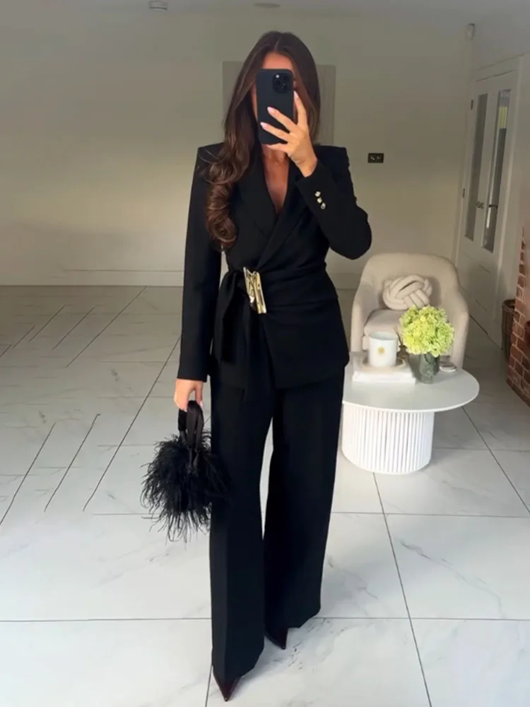 

HH женские модные зимние костюмы однотонные пальто с отложным воротником и длинными рукавами + брюки на молнии с высокой талией женские уличные комплекты брюк